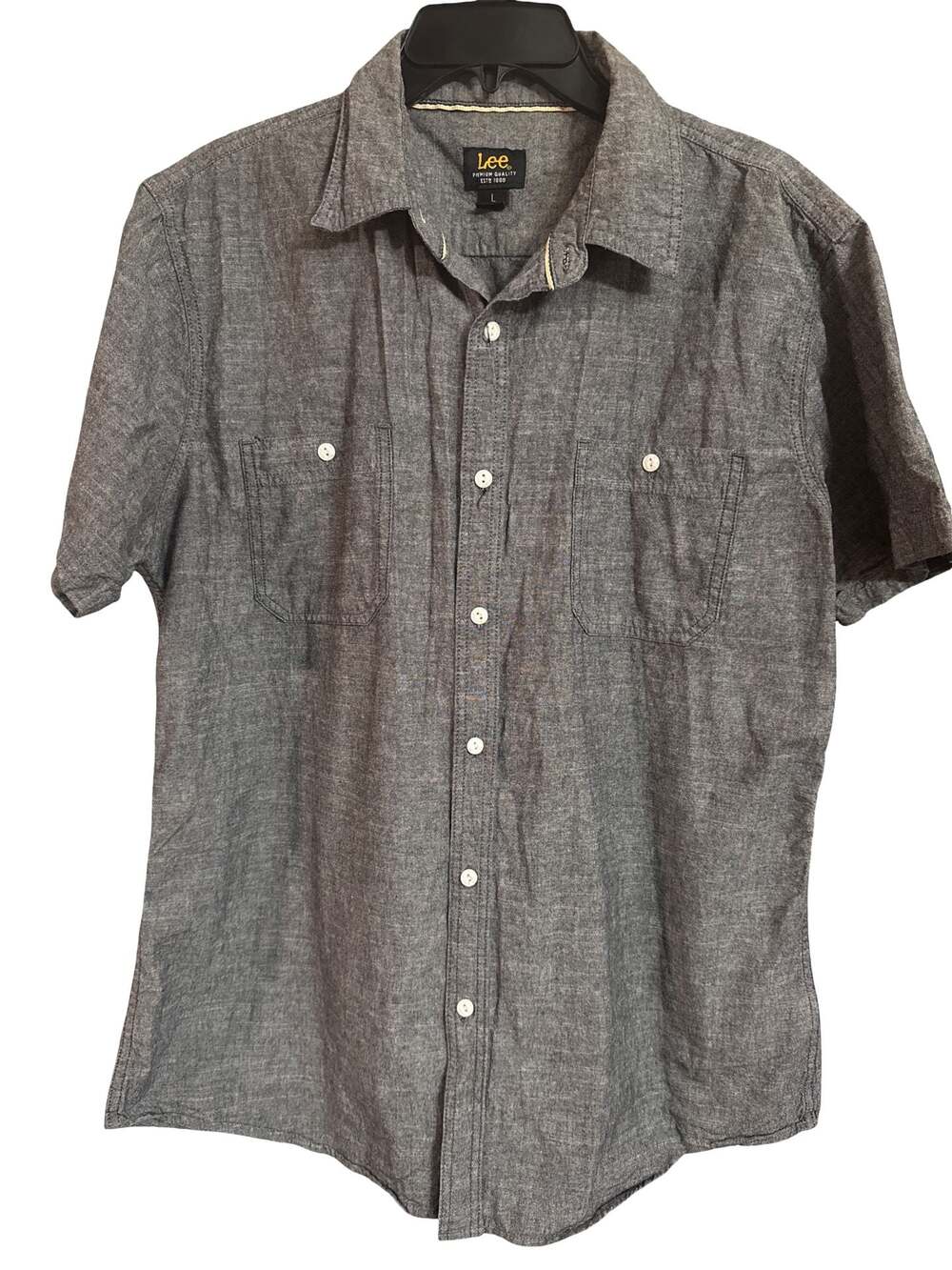 Lee Premium Quality Mens Grey Short Sleeve Button-Down Chambray Shirt